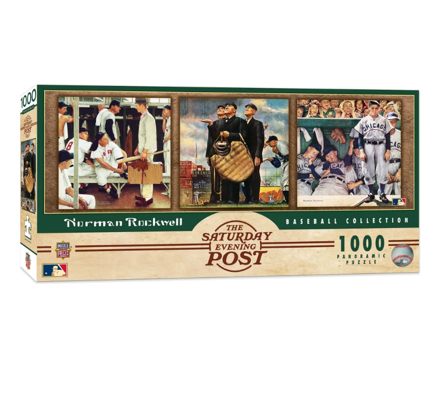 MLB 1000pc 13" x 39" Panoramic Saturday Evening Post Baseball puzzles features three of Norman Rockwell's iconic baseball pictures: "The Rookie," "Bottom of the Sixth," and "The Dugout".