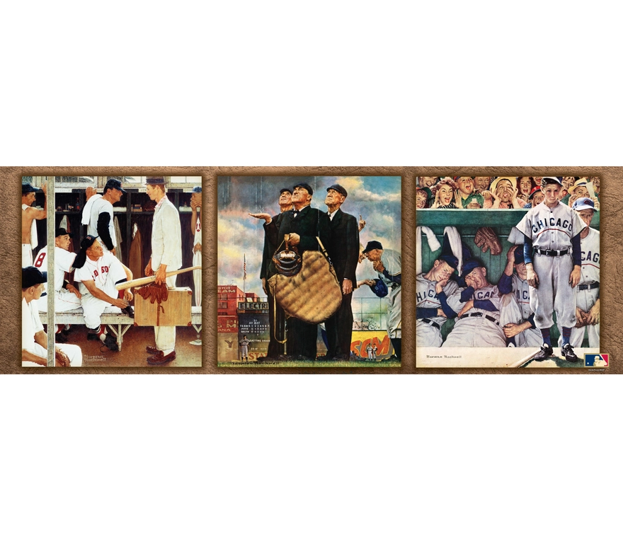 MLB 1000pc 13" x 39" Panoramic Saturday Evening Post Baseball puzzles features three of Norman Rockwell's iconic baseball pictures: "The Rookie," "Bottom of the Sixth," and "The Dugout".