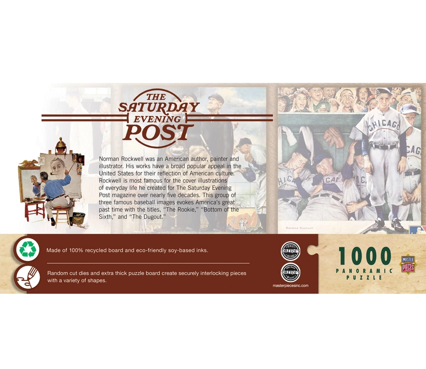 MLB 1000pc 13" x 39" Panoramic Saturday Evening Post Baseball puzzles features three of Norman Rockwell's iconic baseball pictures: "The Rookie," "Bottom of the Sixth," and "The Dugout".