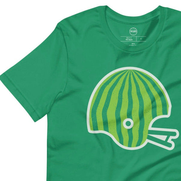 This image details the graphic design of a retro football helmet that looks like the outside of a watermelon. This design is an homage to Saskatchewan Rough Rider fans who often wear watermelons while cheering on their favourite CFL team. This design is exclusive to tailgate mercantile and available only online.