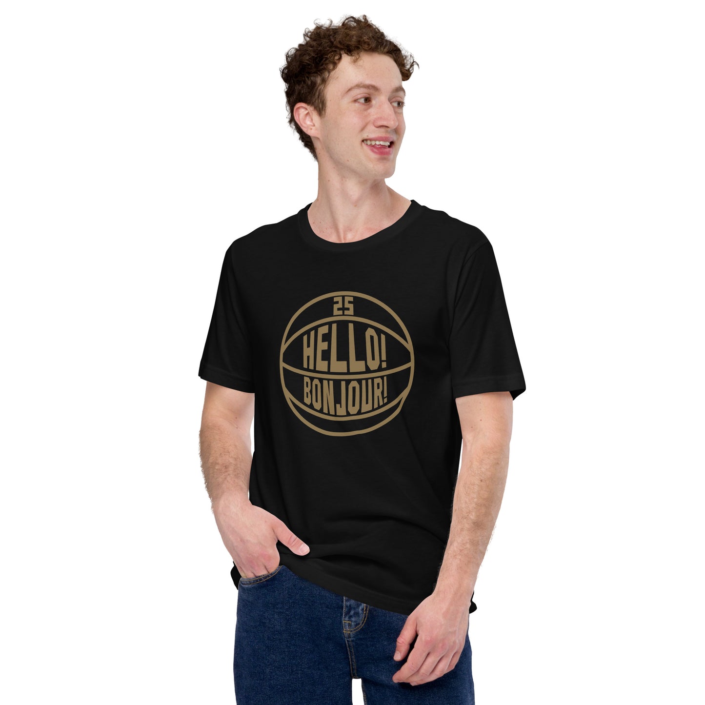T-shirt worn by young man, this image details the graphic design "Hello! Bonjour!". In the image, the words are built into a basketball and feature Chris Boucher's number 25. The Toronto Raptors' announcer, Jack Armstrong, loves to shout out Hello! Bonjour! when Chris Boucher does something exciting on the court. The tee is black and the design is in a gold similar to the Toronto Raptors City Edition colours. This item is exclusive to tailgate mercantile and is available only online.