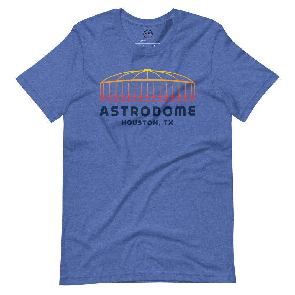 Image of heather royal blue t-shirt with design of "Astrodome, Houston, TX" illustrated ballpark completed in retro Houston Astros tequila sunrise colours located on centre chest. This design is exclusive to Tailgate Mercantile and available only online.
