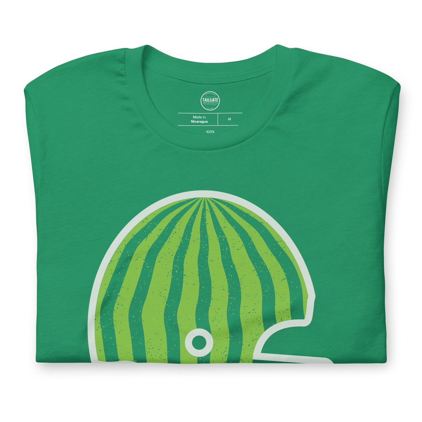 This image details the graphic design of a retro football helmet that looks like the outside of a watermelon. This design is an homage to Saskatchewan Rough Rider fans who often wear watermelons while cheering on their favourite CFL team. This design is exclusive to tailgate mercantile and available only online.