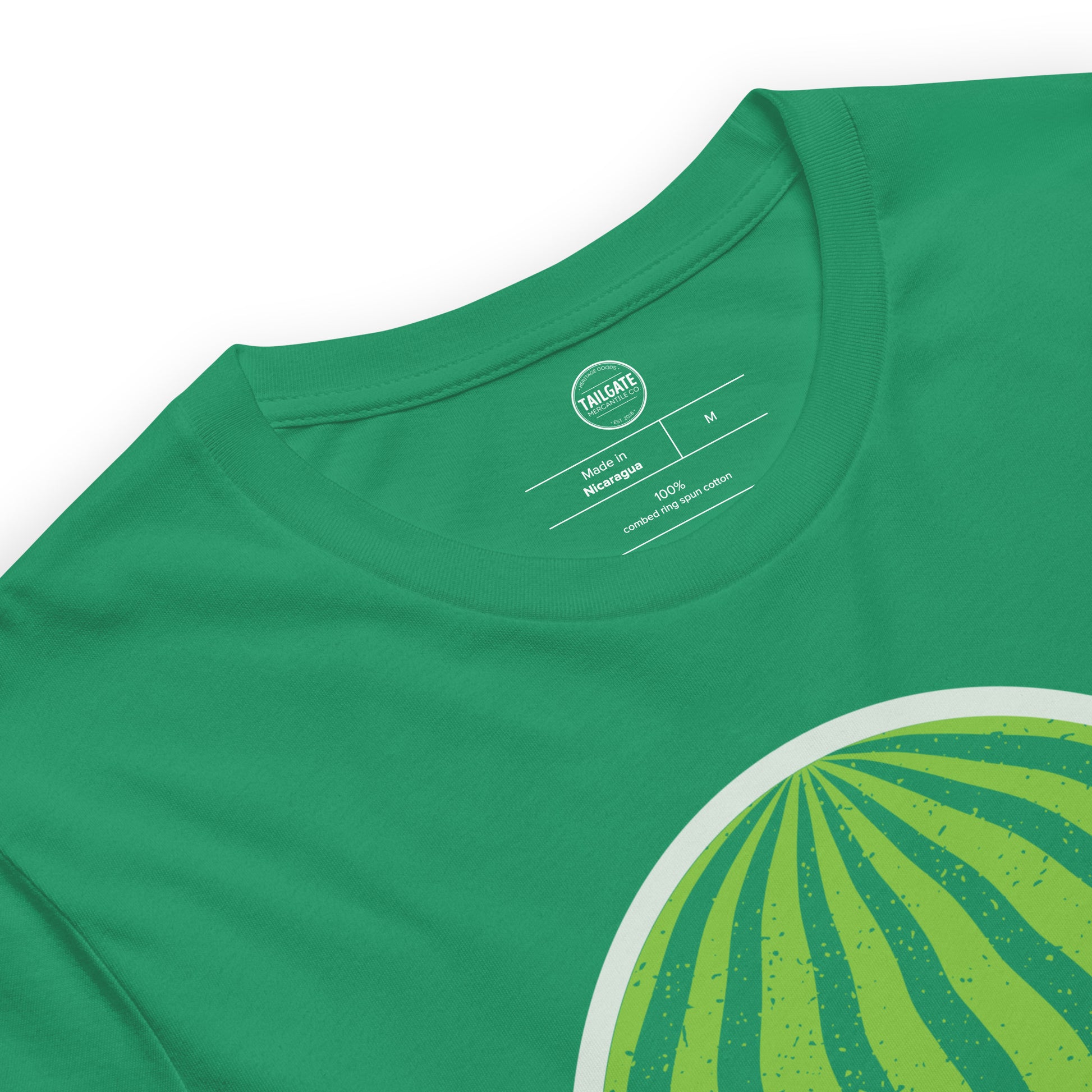 This image details the graphic design of a retro football helmet that looks like the outside of a watermelon. This design is an homage to Saskatchewan Rough Rider fans who often wear watermelons while cheering on their favourite CFL team. This design is exclusive to tailgate mercantile and available only online.