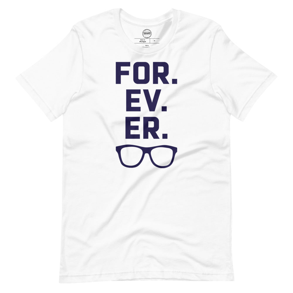 Image of a white t-shirt with design of "FOR.EV.ER." in navy located on centre chest. FOR.EV.ER. is an homage to the great baseball movie "The Sandlot". This design is exclusive to Tailgate Mercantile and available only online.