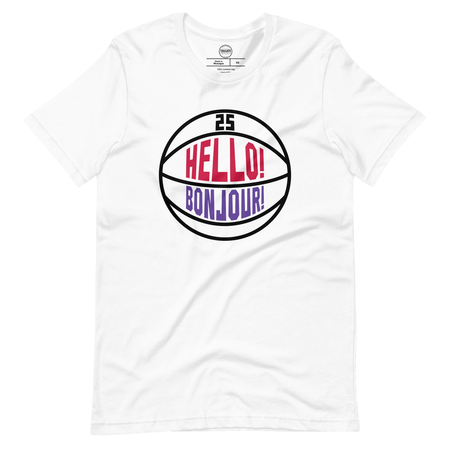This image details the graphic design "Hello! Bonjour!". In the image, the words are built into a basketball and feature Chris Boucher's number 25. The Toronto Raptors' announcer, Jack Armstrong, loves to shout out Hello! Bonjour! when Chris Boucher does something exciting on the court. The tee is white and the design is black/red/purple similar to the Toronto Raptors retro colours. This item is exclusive to tailgate mercantile and is available only online.