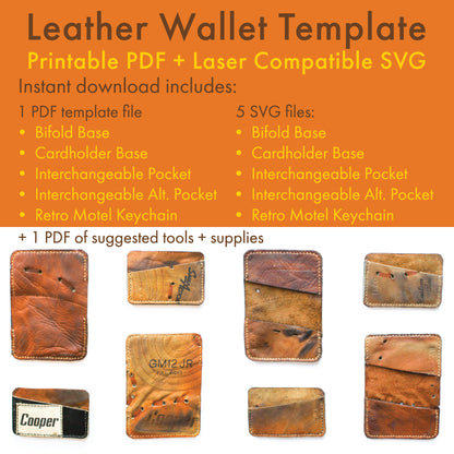 Leather Wallet PDF SVG Template Pattern: Bifold + Cardholder list of included documents for download