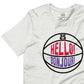 This image details the graphic design "Hello! Bonjour!". In the image, the words are built into a basketball and feature Chris Boucher's number 25. The Toronto Raptors' announcer, Jack Armstrong, loves to shout out Hello! Bonjour! when Chris Boucher does something exciting on the court. The tee is heather ash and the design is black/red/purple similar to the Toronto Raptors retro colours. This item is exclusive to tailgate mercantile and is available only online.