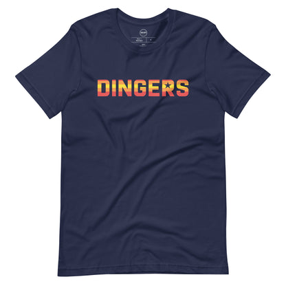 Image of navy t-shirt with design of "DINGERS" in Houston Astros tequila sunrise style font located on centre chest. This design is exclusive to Tailgate Mercantile and available only online.
