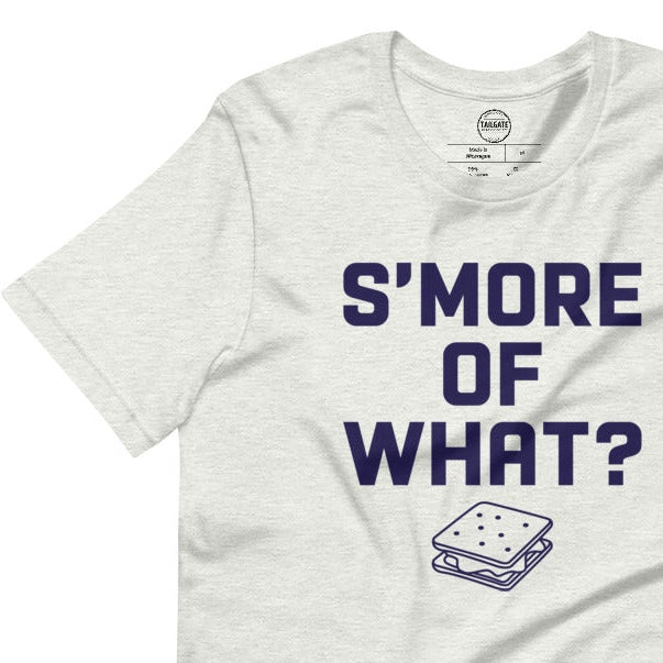 Image of heather ash coloured t-shirt with design of "S'more of what?" in navy located on centre chest. FOR.EV.ER. is an homage to the great baseball movie "The Sandlot". This design is exclusive to Tailgate Mercantile and available only online.