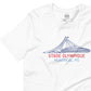 Image of white t-shirt with design of "Stade Olympique, Montreal, PQ" illustrated ballpark completed in retro Montreal Expos colours located on centre chest. This design is exclusive to Tailgate Mercantile and available only online.
