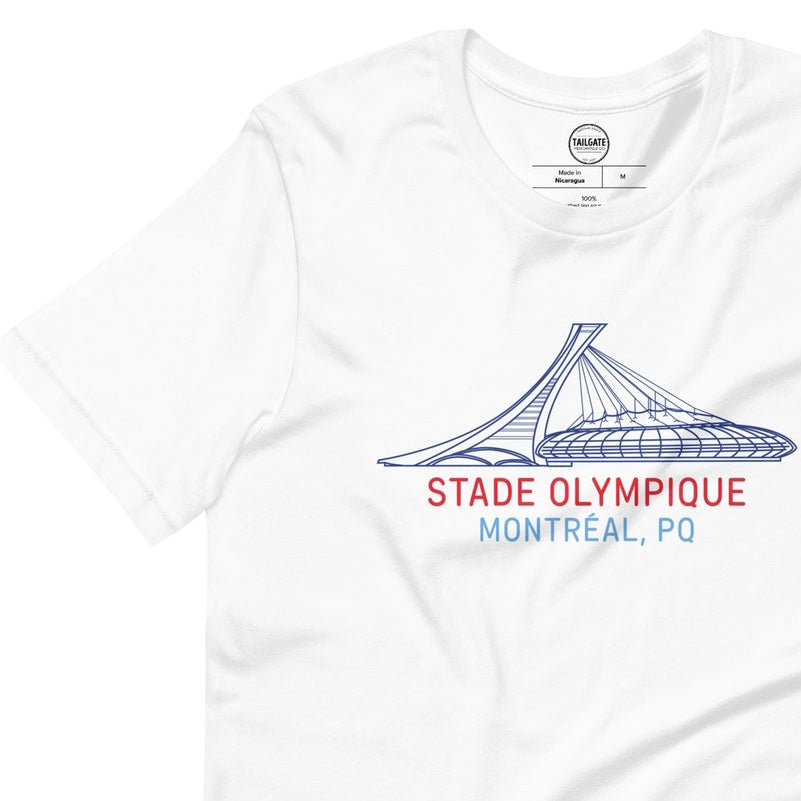 Image of white t-shirt with design of "Stade Olympique, Montreal, PQ" illustrated ballpark completed in retro Montreal Expos colours located on centre chest. This design is exclusive to Tailgate Mercantile and available only online.