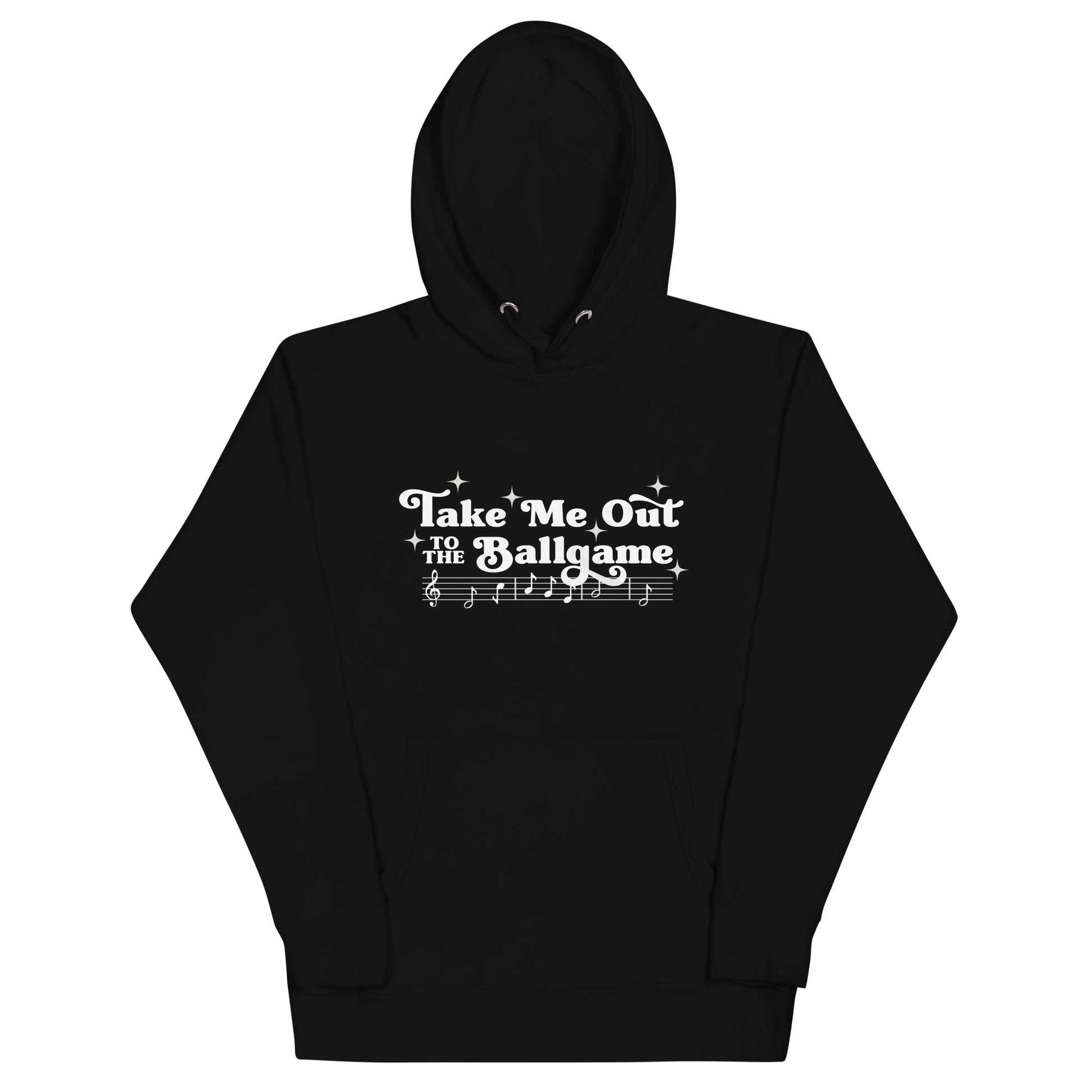 Image of black hoodie with design of "Take Me Out to the Ballgame" with coordinating musical notes in white located on centre chest. This design is exclusive to Tailgate Mercantile and available only online.