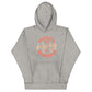 Image of heather athletic grey hoodie with design of "There's No Crying in Baseball" in peach located on centre chest. There's No Crying in Baseball is an homage to the great AAGPBL women's baseball movie "A League of Their Own". This design is exclusive to Tailgate Mercantile and available only online.