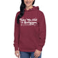 Image of woman wearing dark raspberry hoodie with design of "Take Me Out to the Ballgame" with coordinating musical notes in white located on centre chest. This design is exclusive to Tailgate Mercantile and available only online.