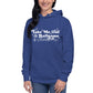 Image of woman wearing royal blue hoodie with design of "Take Me Out to the Ballgame" with coordinating musical notes in white located on centre chest. This design is exclusive to Tailgate Mercantile and available only online.