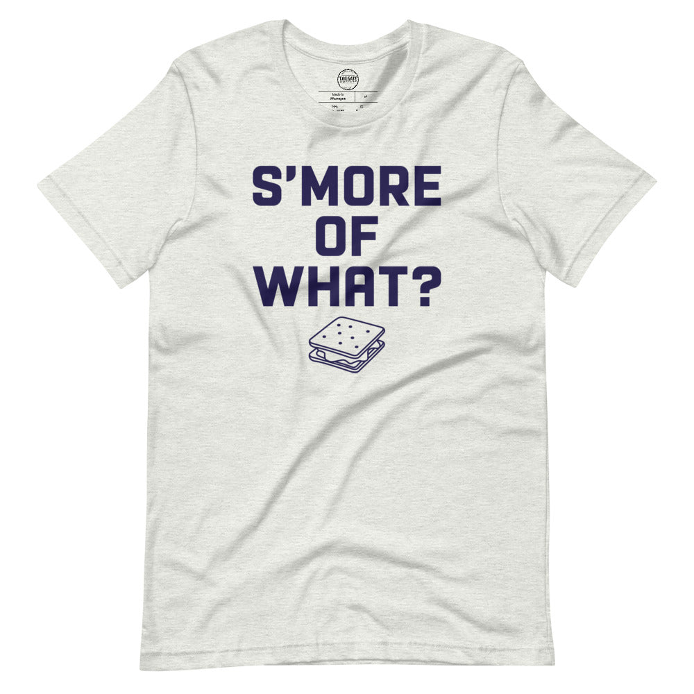 Image of heather ash coloured t-shirt with design of "S'more of what?" in navy located on centre chest. FOR.EV.ER. is an homage to the great baseball movie "The Sandlot". This design is exclusive to Tailgate Mercantile and available only online.