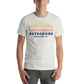 Image of man wearing heather ash t-shirt with design of "Astrodome, Houston, TX" illustrated ballpark completed in retro Houston Astros tequila sunrise colours located on centre chest. This design is exclusive to Tailgate Mercantile and available only online.