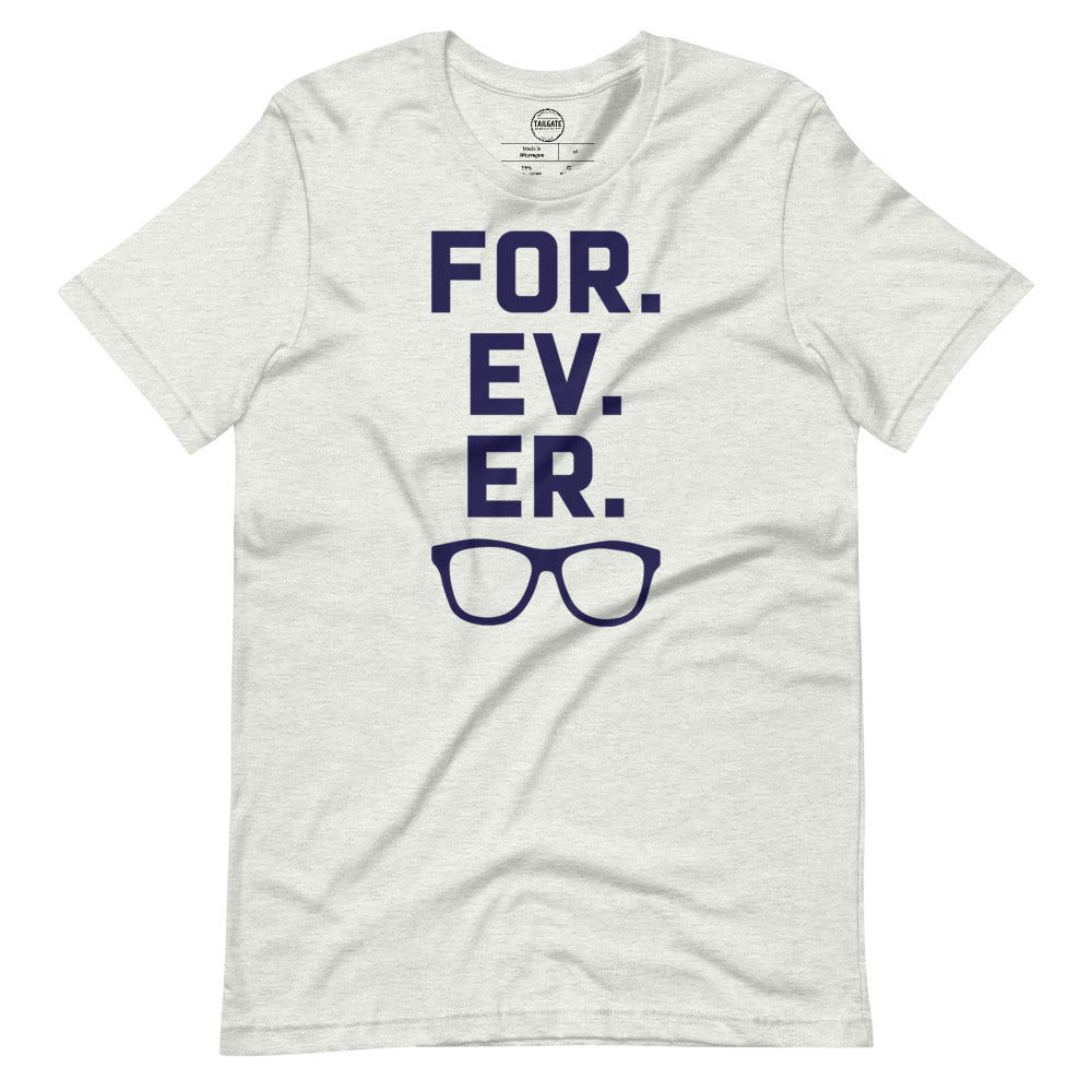 Image of heather ash coloured t-shirt with design of "FOR.EV.ER." in navy located on centre chest. FOR.EV.ER. is an homage to the great baseball movie "The Sandlot". This design is exclusive to Tailgate Mercantile and available only online.