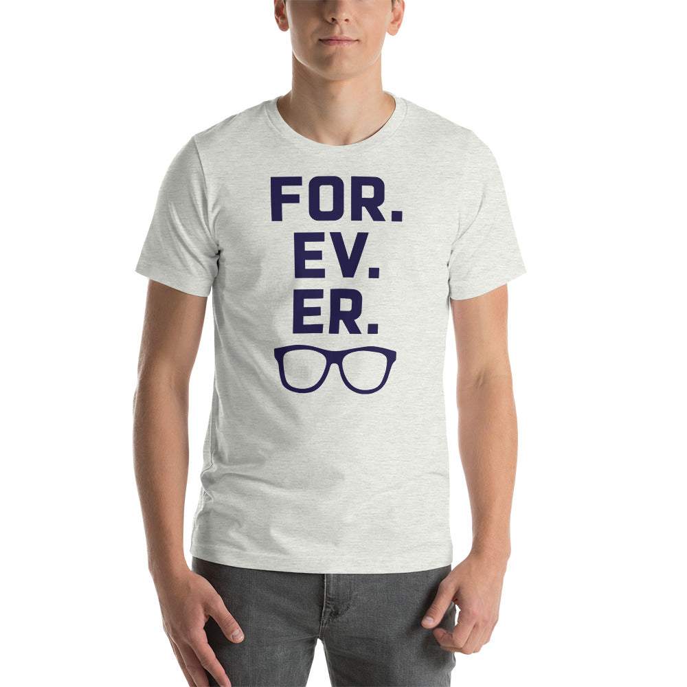Image of man wearing a heather ash coloured t-shirt with design of "FOR.EV.ER." in navy located on centre chest. FOR.EV.ER. is an homage to the great baseball movie "The Sandlot". This design is exclusive to Tailgate Mercantile and available only online.