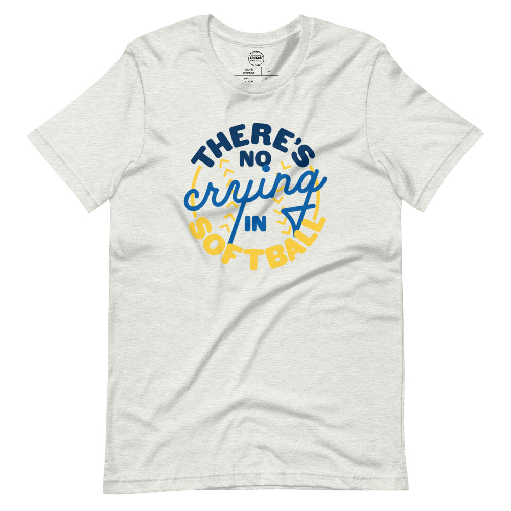 Image of heather ash t-shirt with design of "There's No Crying in Softball" in blue/yellow located on centre chest. There's No Crying in Softball is an homage to the great AAGPBL women's baseball movie "A League of Their Own". This design is exclusive to Tailgate Mercantile and available only online.