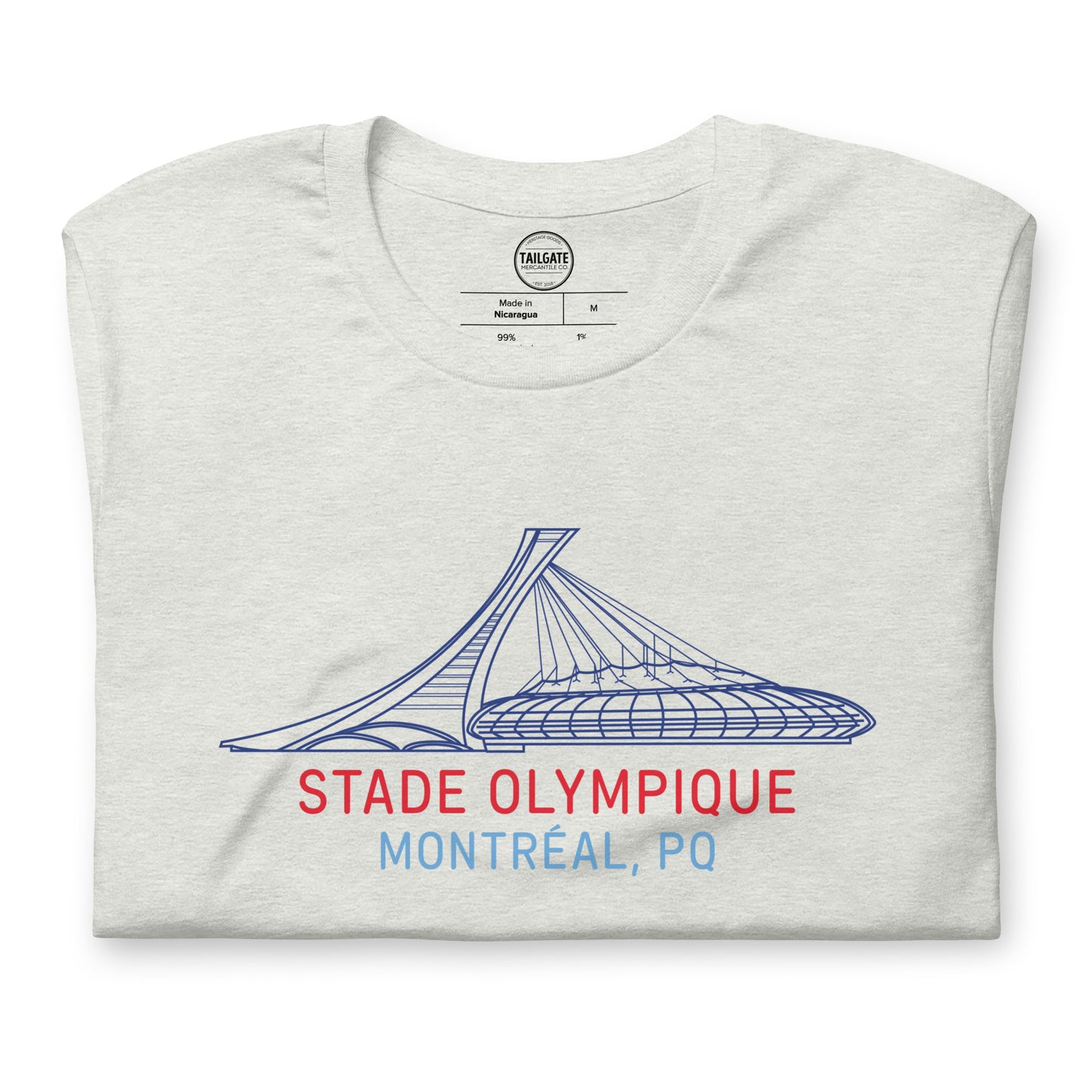 Close up image of heather ash t-shirt with design of "Stade Olympique, Montreal, PQ" illustrated ballpark completed in retro Montreal Expos colours located on centre chest. This design is exclusive to Tailgate Mercantile and available only online.