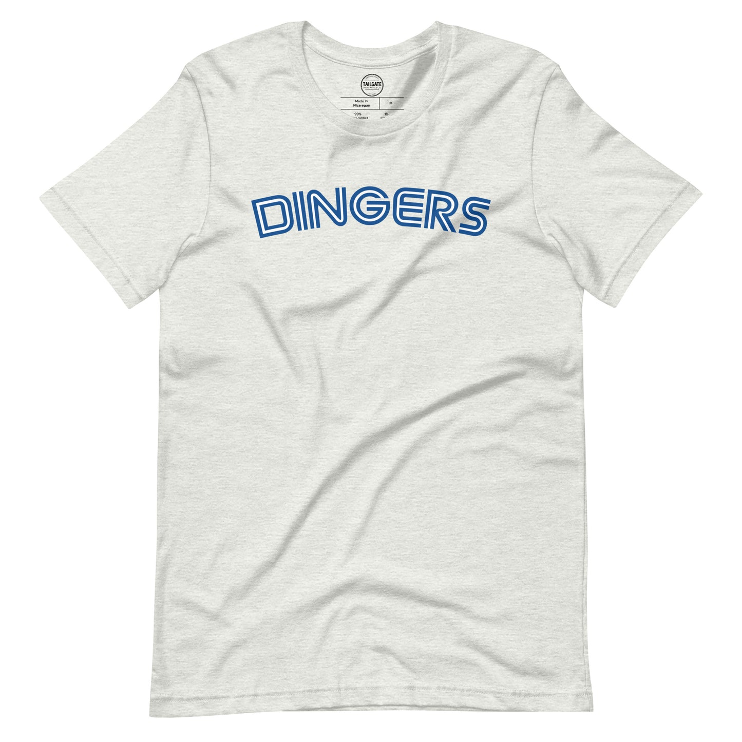 Image of heather ash t-shirt with design of "DINGERS" in Toronto Blue Jays retro blue style font located on centre chest. This design is exclusive to Tailgate Mercantile and available only online.