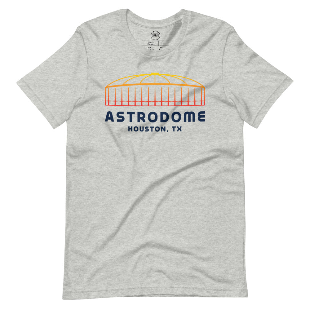 Image of heather athletic grey t-shirt with design of "Astrodome, Houston, TX" illustrated ballpark completed in retro Houston Astros tequila sunrise colours located on centre chest. This design is exclusive to Tailgate Mercantile and available only online.