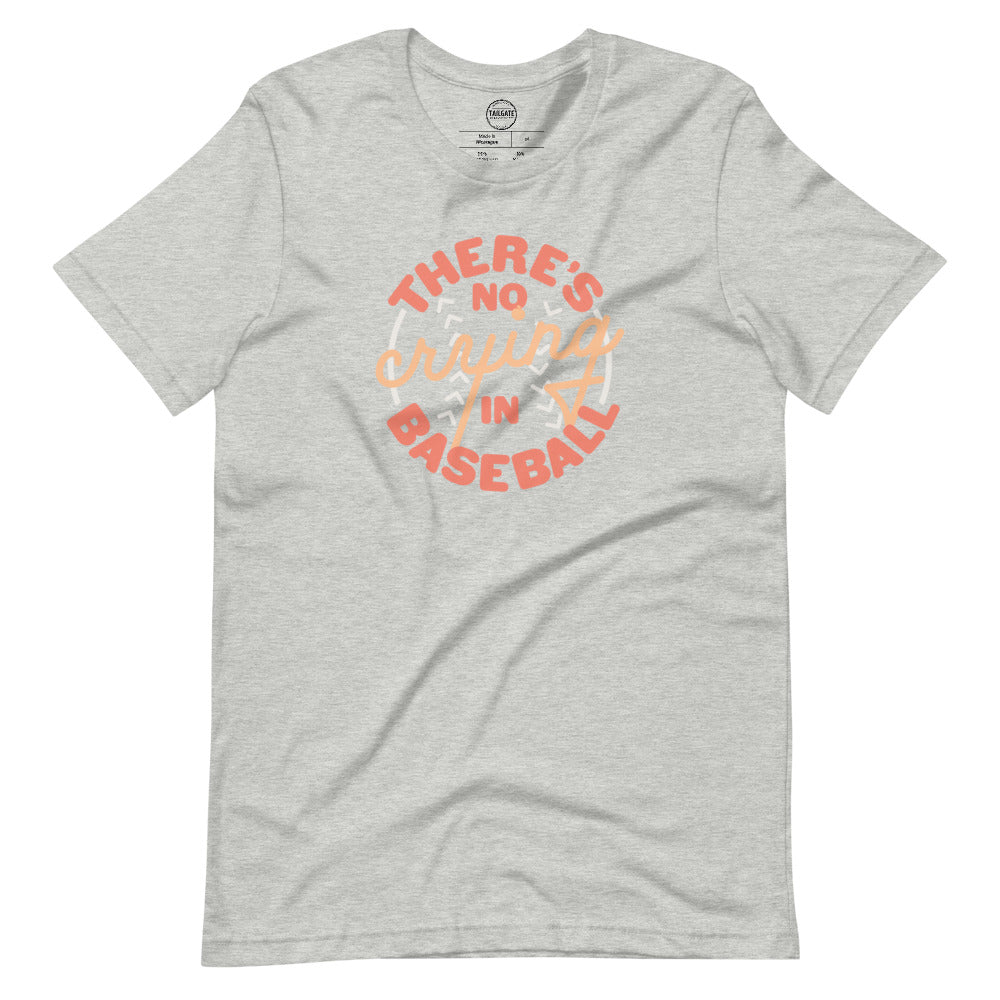 Image of heather athletic grey t-shirt with design of "There's No Crying in Baseball" in peach located on centre chest. There's No Crying in Baseball is an homage to the great AAGPBL women's baseball movie "A League of Their Own". This design is exclusive to Tailgate Mercantile and available only online.