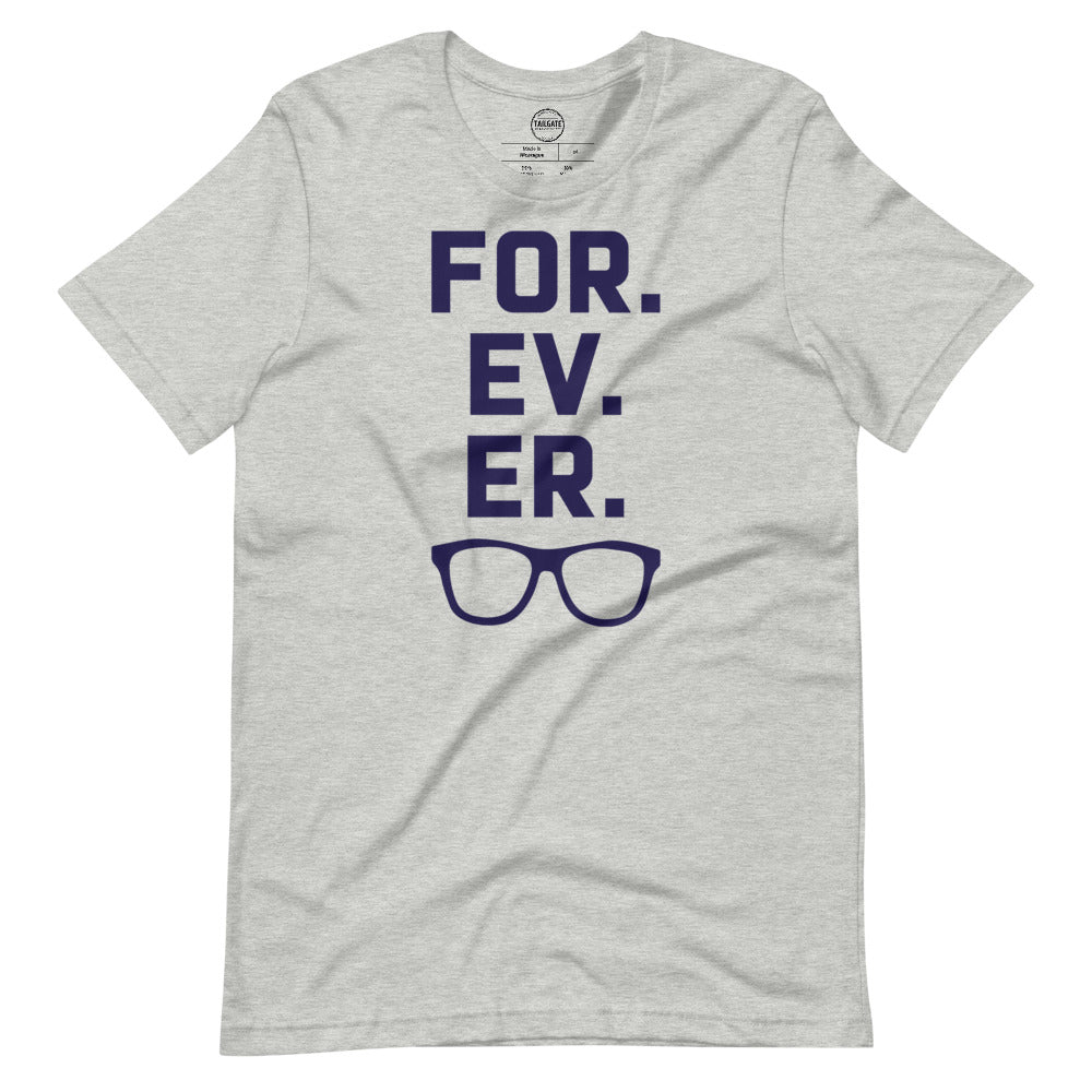 Image of heather athletic grey t-shirt with design of "FOR.EV.ER." in navy located on centre chest. FOR.EV.ER. is an homage to the great baseball movie "The Sandlot". This design is exclusive to Tailgate Mercantile and available only online.