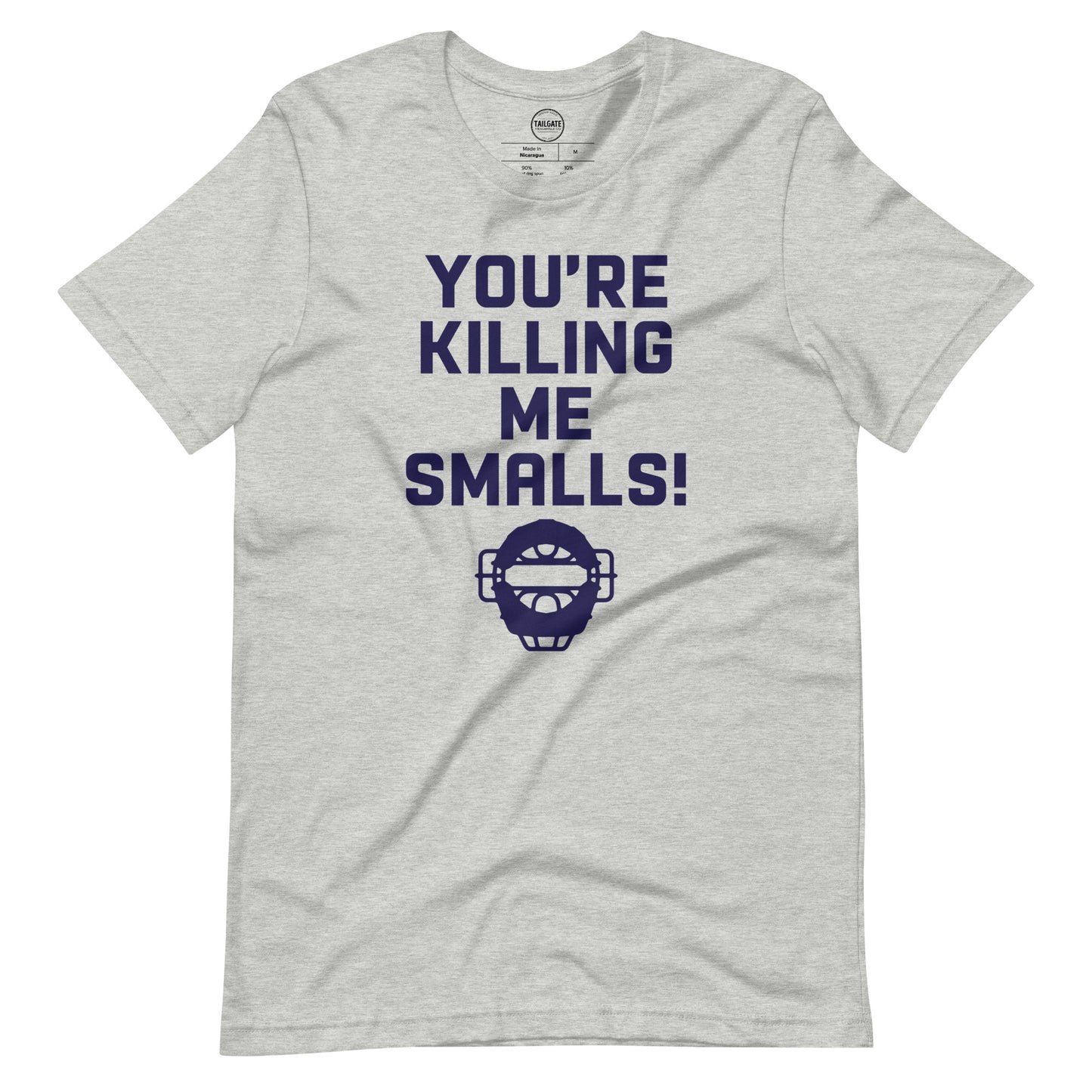 Image of heather athletics grey t-shirt with design of "You're Killing Me Smalls!" in navy located on centre chest. FOR.EV.ER. is an homage to the great baseball movie "The Sandlot". This design is exclusive to Tailgate Mercantile and available only online.