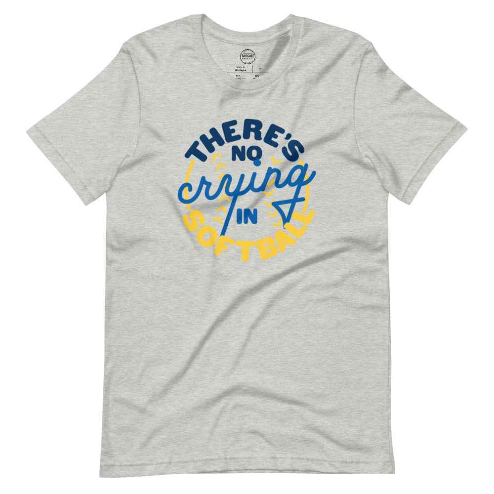 Image of heather athletic grey t-shirt with design of "There's No Crying in Softball" in blue/yellow located on centre chest. There's No Crying in Softball is an homage to the great AAGPBL women's baseball movie "A League of Their Own". This design is exclusive to Tailgate Mercantile and available only online.