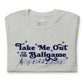Close up image of heather athletic grey t-shirt with design of "Take Me Out to the Ballgame" with coordinating musical notes in navy located on centre chest. This design is exclusive to Tailgate Mercantile and available only online.