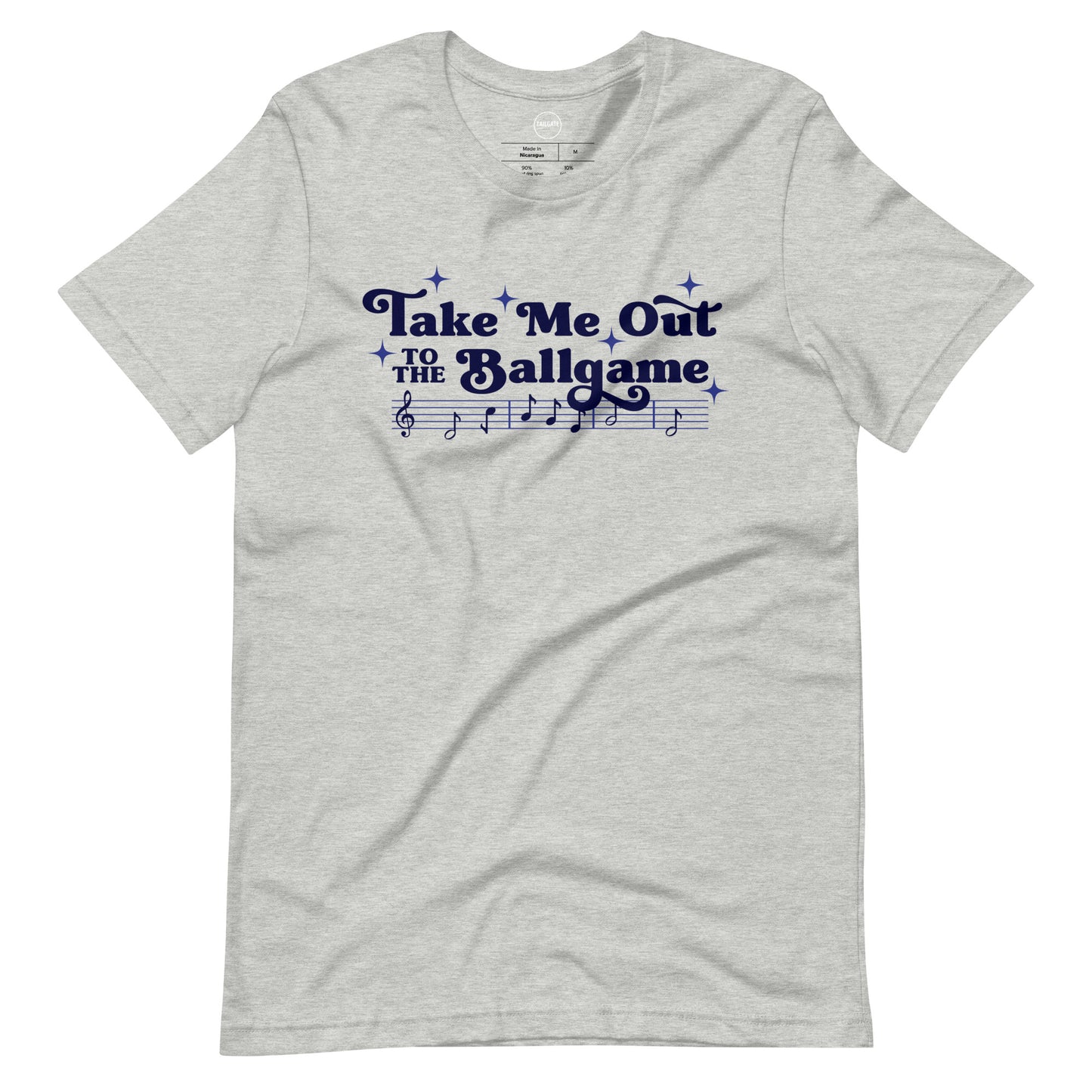 Image of heather athletic grey t-shirt with design of "Take Me Out to the Ballgame" with coordinating musical notes in navy located on centre chest. This design is exclusive to Tailgate Mercantile and available only online.
