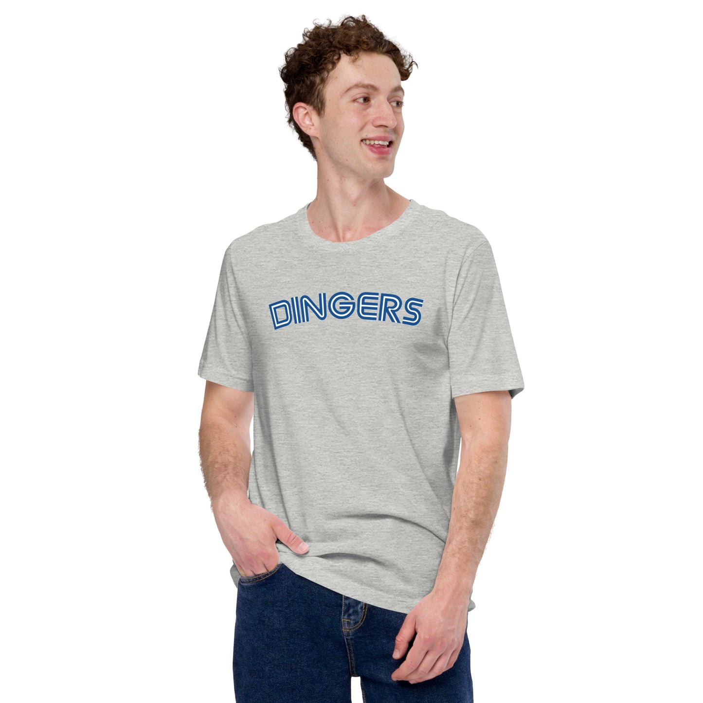 Image of young man wearing heather athletic grey t-shirt with design of "DINGERS" in Toronto Blue Jays retro blue style font located on centre chest. This design is exclusive to Tailgate Mercantile and available only online.