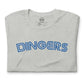 Close up image of heather athletic grey t-shirt with design of "DINGERS" in Toronto Blue Jays retro blue style font located on centre chest. This design is exclusive to Tailgate Mercantile and available only online.