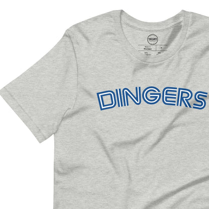 Image of heather athletic grey t-shirt with design of "DINGERS" in Toronto Blue Jays retro blue style font located on centre chest. This design is exclusive to Tailgate Mercantile and available only online.