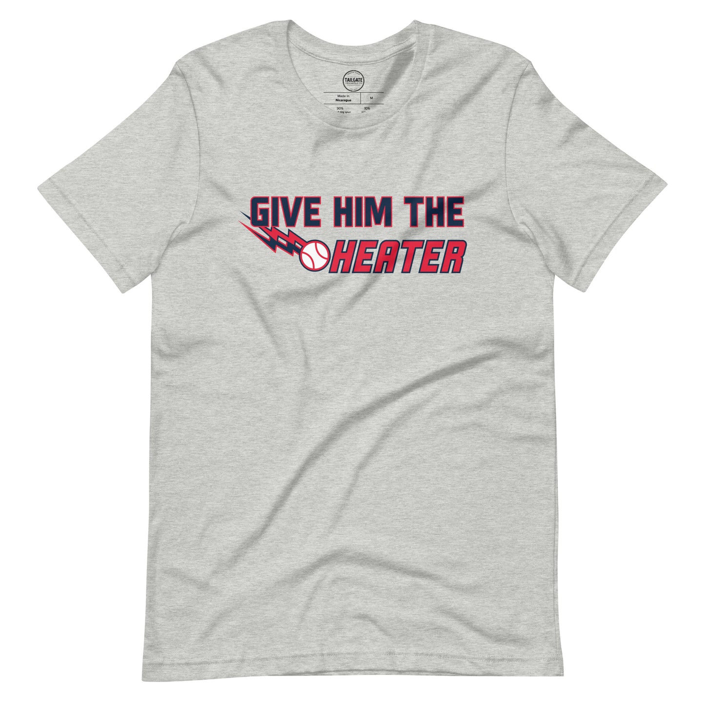 Image of heather athletic grey t-shirt with design of "Give Him The Heater" in navy/red/white located on centre chest. Throw Him The Heater is an homage to the great baseball movie "Major League". This design is exclusive to Tailgate Mercantile and available only online.