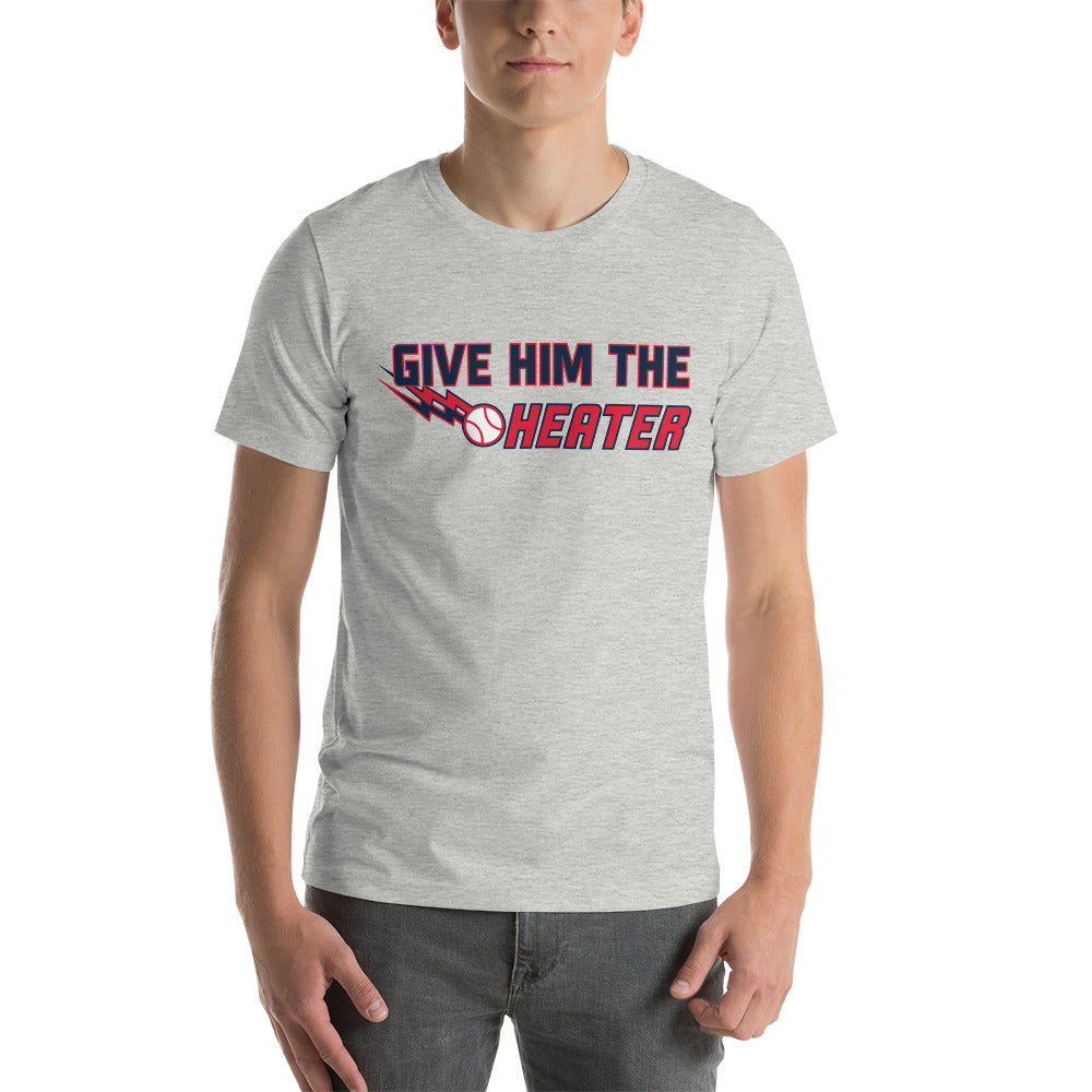 Image of man wearing heather ash t-shirt with design of "Give Him The Heater" in navy/red/white located on centre chest. Throw Him The Heater is an homage to the great baseball movie "Major League". This design is exclusive to Tailgate Mercantile and available only online.