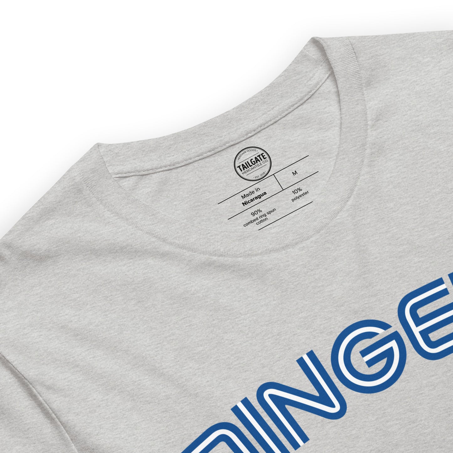 Close up image of heather athletic grey t-shirt with design of "DINGERS" in Toronto Blue Jays retro blue style font located on centre chest. Neck tag information also included in image. This design is exclusive to Tailgate Mercantile and available only online.