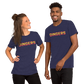 Image of young woman and young man wearing heather navy t-shirt with design of "DINGERS" in Houston Astros tequila sunrise style font located on centre chest. This design is exclusive to Tailgate Mercantile and available only online.