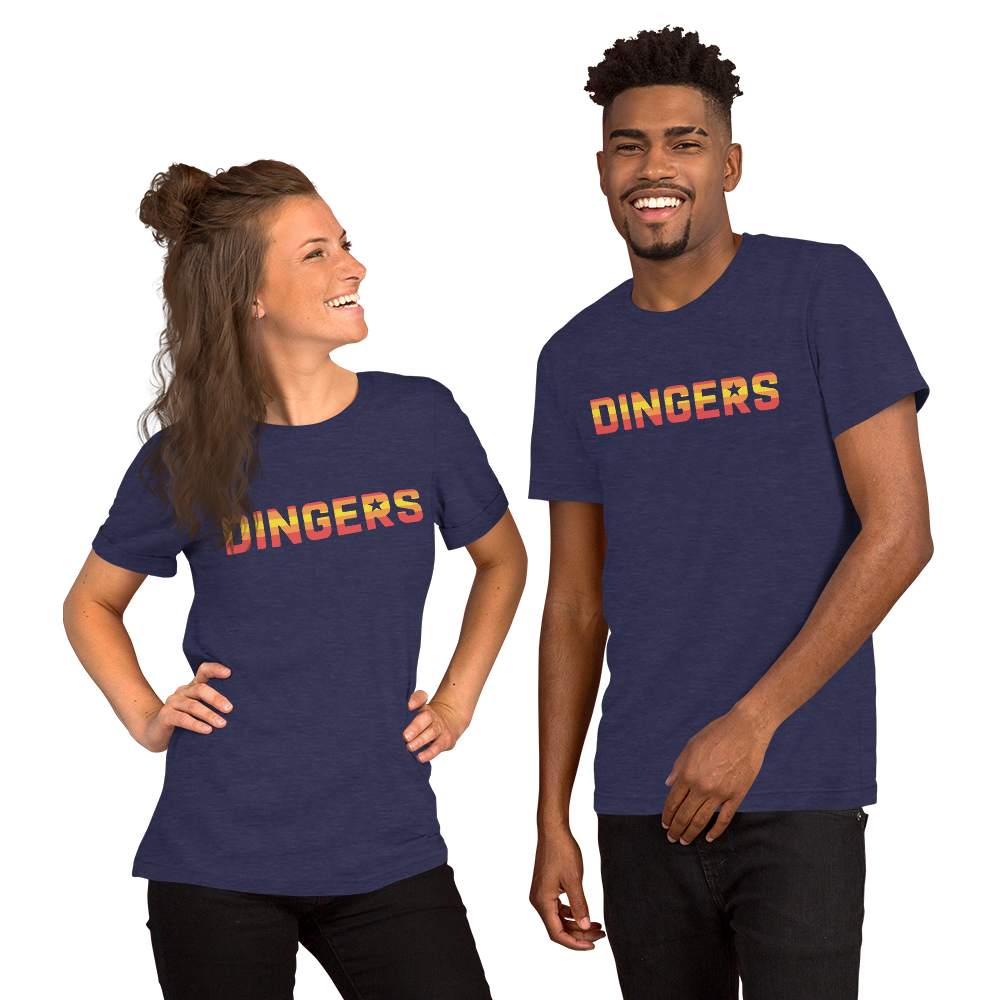 Image of young woman and young man wearing heather navy t-shirt with design of "DINGERS" in Houston Astros tequila sunrise style font located on centre chest. This design is exclusive to Tailgate Mercantile and available only online.