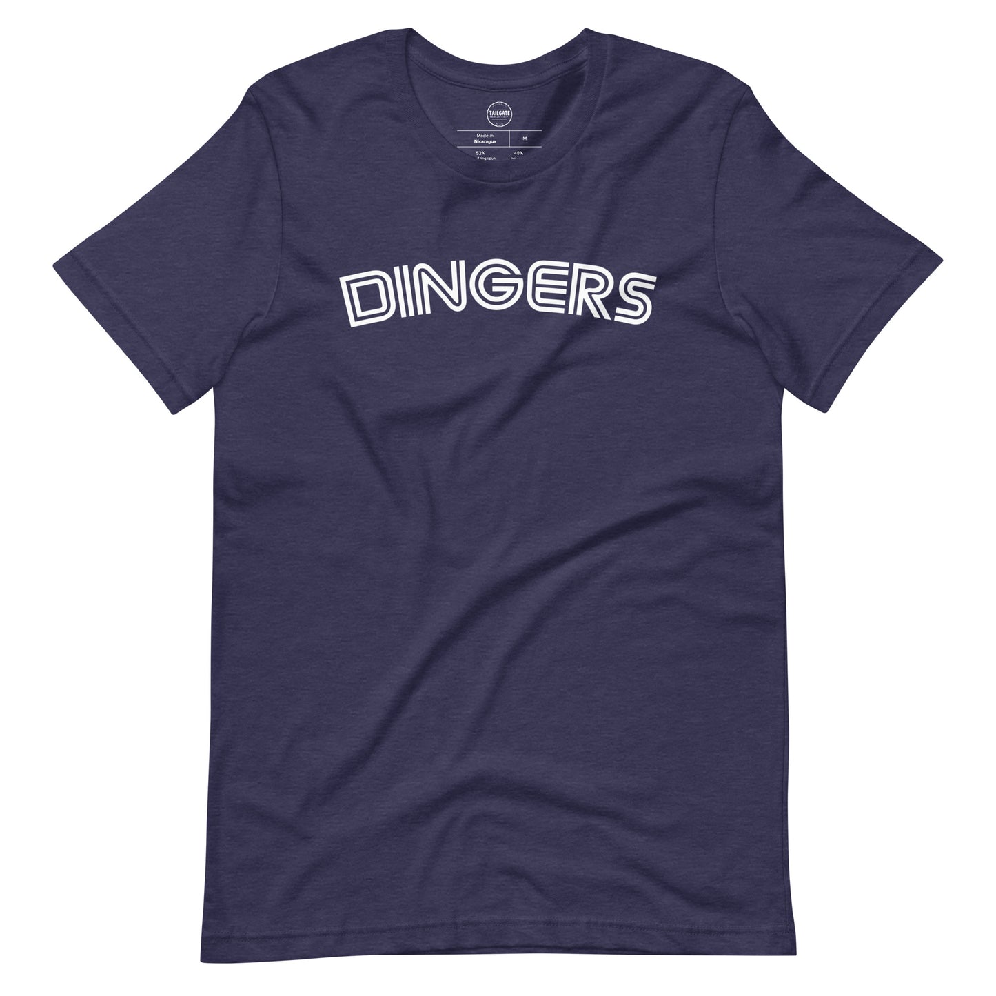 This image details the graphic design of the word "dingers" in a font similar to the Toronto Blue Jays. The font is in white and the tee is navy blue. This design is exclusive to tailgate mercantile and available only online.