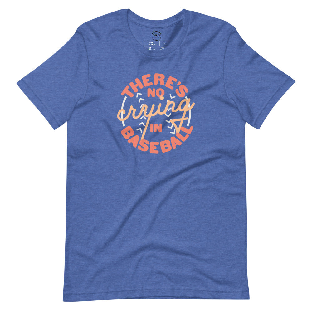 Image of heather royal blue t-shirt with design of "There's No Crying in Baseball" in peach located on centre chest. There's No Crying in Baseball is an homage to the great AAGPBL women's baseball movie "A League of Their Own". This design is exclusive to Tailgate Mercantile and available only online.