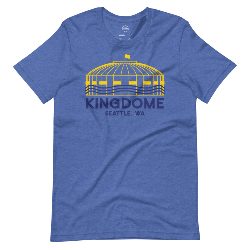 Image of heather royal blue t-shirt with design of "Kingdome, Seattle, WA" illustrated ballpark completed in retro Seattle Mariners colours located on centre chest. This design is exclusive to Tailgate Mercantile and available only online.