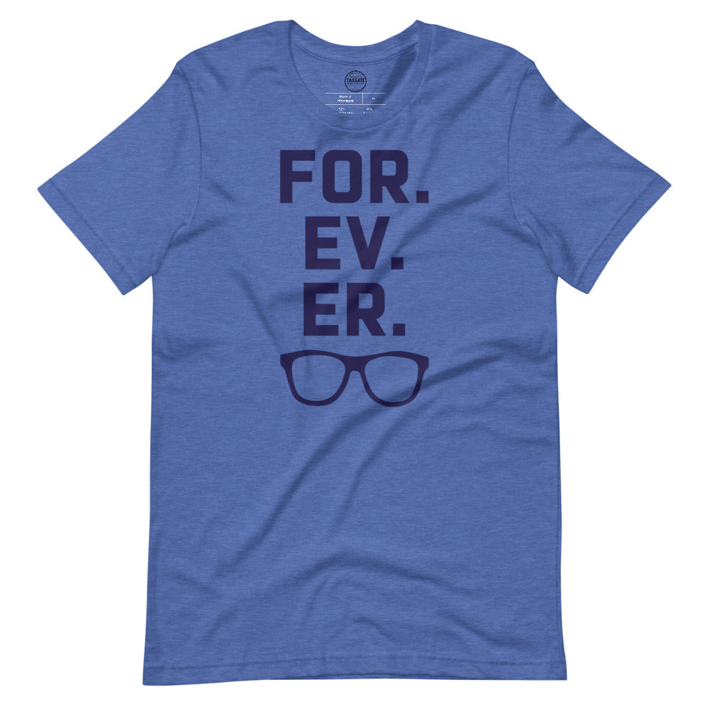 Image of heather royal blue t-shirt with design of "FOR.EV.ER." in navy located on centre chest. FOR.EV.ER. is an homage to the great baseball movie "The Sandlot". This design is exclusive to Tailgate Mercantile and available only online.