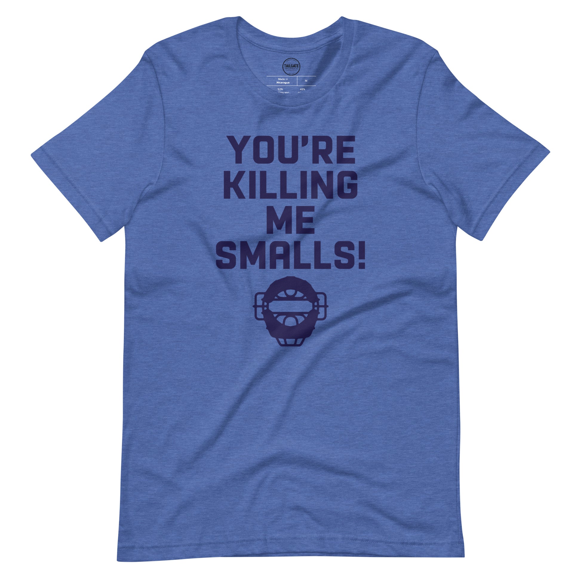 Image of heather royal blue t-shirt with design of "You're Killing Me Smalls!" in navy located on centre chest. FOR.EV.ER. is an homage to the great baseball movie "The Sandlot". This design is exclusive to Tailgate Mercantile and available only online.