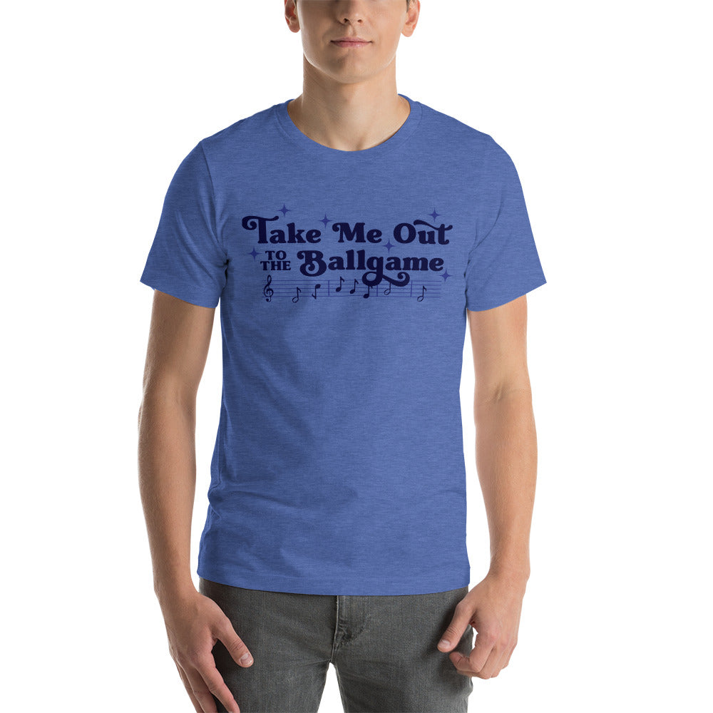 Image of man wearing heather royal blue t-shirt with design of "Take Me Out to the Ballgame" with coordinating musical notes in navy located on centre chest. This design is exclusive to Tailgate Mercantile and available only online.