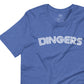 This image details the graphic design of the word "dingers" in a font similar to the Toronto Blue Jays. The font is in white and the tee is royal blue. This design is exclusive to tailgate mercantile and available only online.