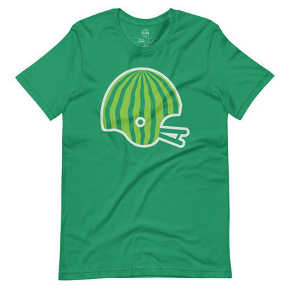 This image details the graphic design of a retro football helmet that looks like the outside of a watermelon. This design is an homage to Saskatchewan Rough Rider fans who often wear watermelons while cheering on their favourite CFL team. This design is exclusive to tailgate mercantile and available only online.